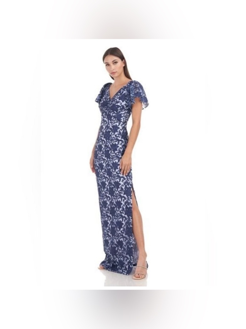 JS Collections Aurora Flutter Column Floral Embroidery Lace Overlay Gown Size 6
